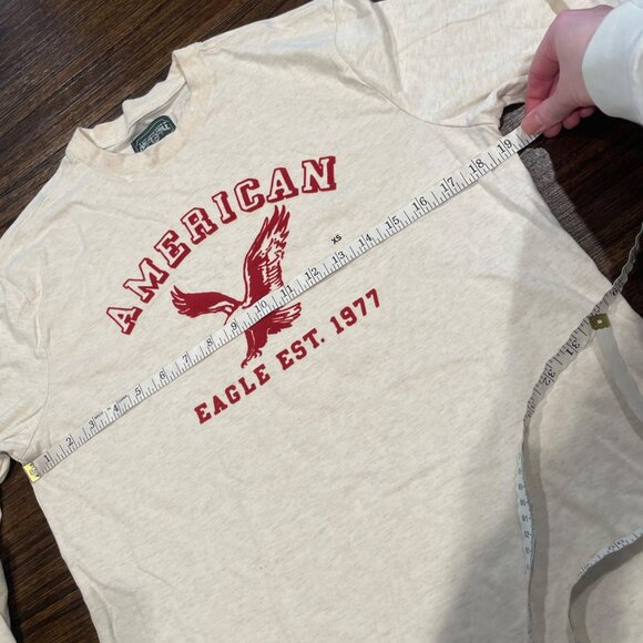 NWOT American Eagle Sz XS Felted Logo Graphic Tee Long Sleeve Cream Oatmeal - Picture 5 of 8